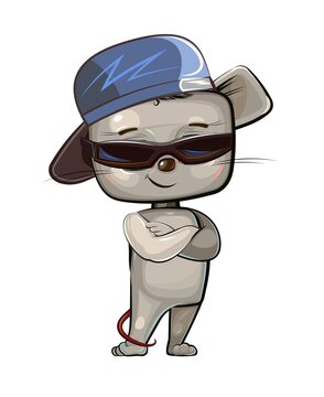 Cute Mouse in cool sunglasses and a baseball cap backwards. Good animal kid. Cartoon style. Illustration for children with baby character stand. Isolated over white background. Vector