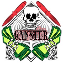 Naklejka premium Skull with hand and money Text gangster and weapons