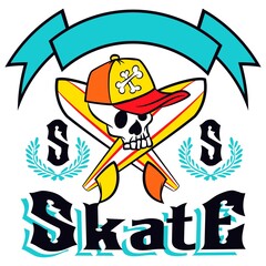 Skull with cap and surfboards text Skate and ribbon background