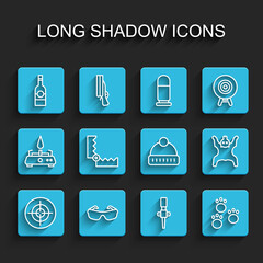 Set line Target sport, Glasses, Bottle of vodka, Torch flame, Paw print, Trap hunting, Bear skin and Winter hat icon. Vector