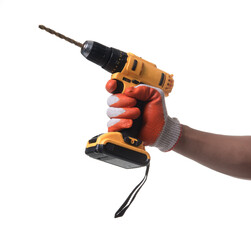Yellow Rechargeable and Cordless Drill in his hand isolated white background
