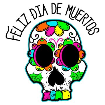 Mexican Skull day of dead with text Happy day of all dead. sugar skull