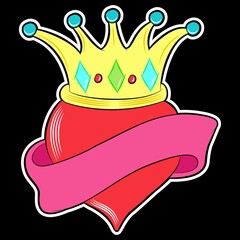 Heart with crown tattoo style and ribbon black background
