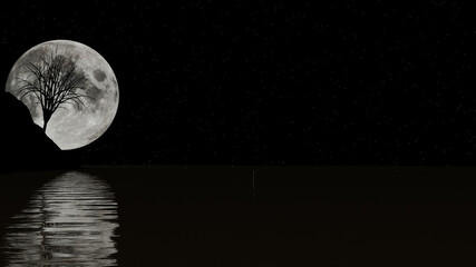 A silhouette tree (without leaf) on a lake water surface with full moon in background (3D Rendering) © เท้ PY15MU