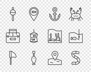 Set line Fishing net with fish, Worm, Anchor, spoon, float, Location fishing and hook icon. Vector