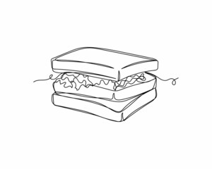 Continuous one line drawing of huge hot sandwich icon in silhouette on a white background. Linear stylized.