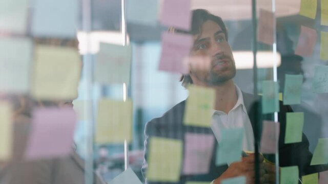 business people using sticky notes on glass whiteboard brainstorming team leader woman working with colleagues showing problem solving strategy in office meeting 4k