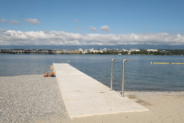 the new artificial beach of Les Eaux Vives in a beautiful summer day Geneva, Switzerland