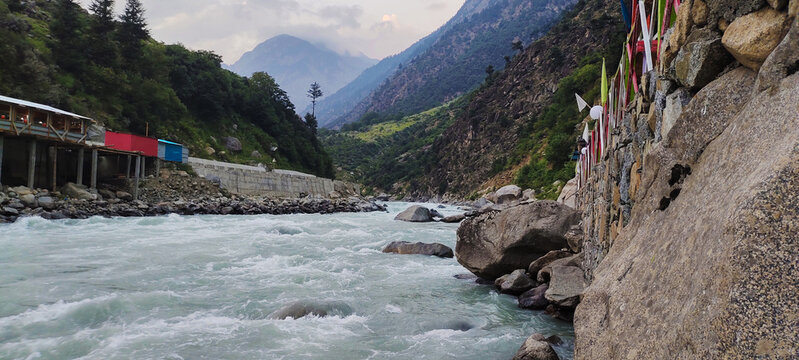 beautiful swat valley Pakistan mountains with green trees and grass water stream,natural landscape