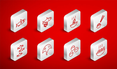Set line Fish soup, with caviar, Soup octopus, Sushi, Takoyaki, Shark, Stingray and Fishes icon. Vector