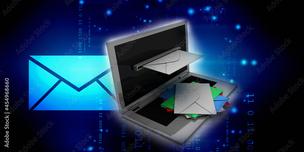 Poster 3d rendering laptops with mail envelops ,