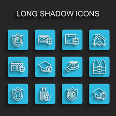 Set line Life insurance with shield, Travel suitcase, Shield dollar, Graduation cap, and coin, jacket and Stacks paper money cash icon. Vector