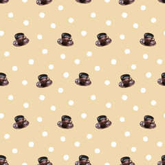 Seamless pattern of brown coffee cups and white polka dot on beige background. Watercolour illustration. For wallpaper, gift wrap, tumbler, stationery, menu, fabric and packaging design.