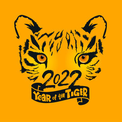 2022 year of the tiger. Chinese New Year. Vector illustration. 2022 Happy New Year text symbols. Chinese zodiac tiger year. Isolated on yellow background.