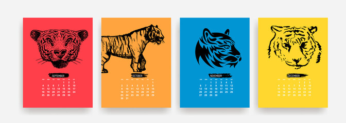Calendar 2022, calendar 2022, Year of the tiger. September, october, november, december. Sunday week start, corporate design planner template. Vector illustration. Isolated on white background.