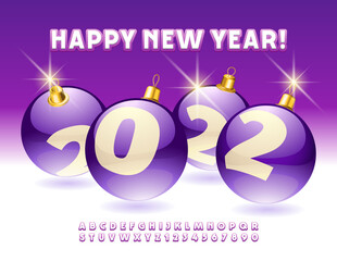 Vector Greeting Card Happy New Year 2022 with Christmas Balls. Creative Alphabet Letters and Numbers set. Violet and White stylish Font