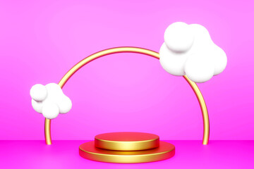 Gold cylinder pedestal podium for product showcase. Gold ring shape and abstract cloud with a pink backdrop. 3d render illustration.