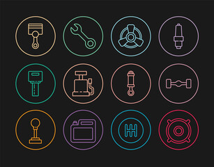 Set line Car audio speaker, Chassis car, motor ventilator, air pump, key with remote, Engine piston, Shock absorber and Wrench spanner icon. Vector