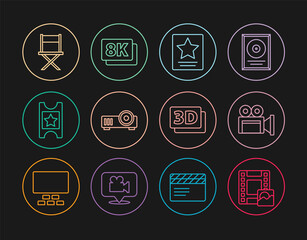 Set line Play Video, Cinema camera, Hollywood walk of fame star, Media projector, ticket, Director movie chair, 3D word and 8k Ultra HD icon. Vector