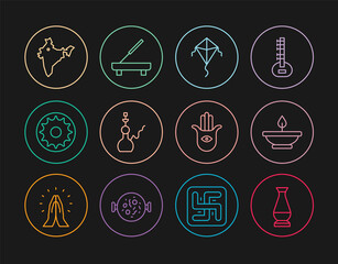 Set line Indian vase, Aroma lamp, Kite, Hookah, Chakra, map, Hamsa hand and Scented spa stick icon. Vector