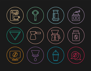 Set line Coffee and conversation, Bag coffee beans, Aeropress, turk, paper filter, machine, Pour over maker and holder icon. Vector