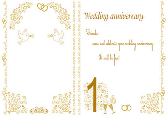 1 th Wedding Anniversary Invitation. Beautiful editable graphics illustration. Gold abstract decorative frame. Ornate patterns with flowers. Used for wedding invitations, postcard decoration, text