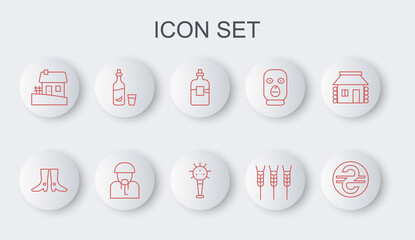 Set line Ukrainian hryvnia, footwear, Bottle of vodka, Wheat, house, Vodka with pepper and glass, cossack and Mace icon. Vector