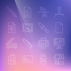 Set line Copy machine, Computer monitor screen, Empty document, Paper roll of printing press, Picture landscape, File, Paint brush and Pipette icon. Vector