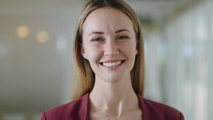 portrait happy caucasian business woman smiling enjoying successful career proud entrepreneur in office workplace testimonial 4k footage - Powered by Adobe