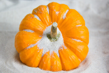 Orange pumpkin on white sand