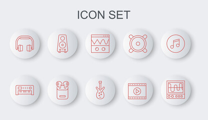 Set line Oscilloscope, Music synthesizer, Online play video, Headphones, Stereo speaker, Air headphones box and Electric bass guitar icon. Vector