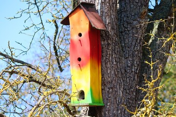 buntes Vogelhaus am Baum
