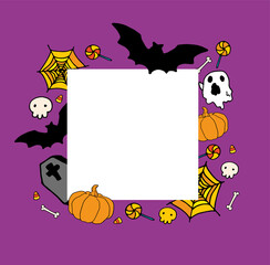Vector template for Halloween with an empty space for text. Square template made of doodle-style pumpkins, ghosts, bats and cobwebs, orange on a purple background for a Halloween design template