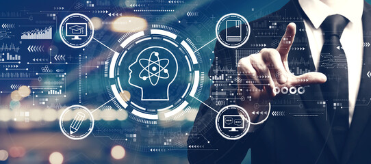 Online education concept with a man on city background