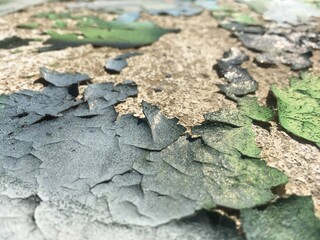 Primo piano della vernice sgretolata di un muretto che assomiglia a foglie colorate verde e blu