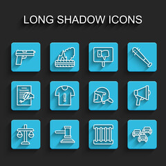 Set line Scales of justice, Judge gavel, Pistol or gun, Prison window, Traffic jam, T-shirt protest, Megaphone and Police helmet icon. Vector