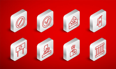 Set line Prison window, Check mark round, Vote box, Fire extinguisher, Police officer, Ban, Burning car and Protest icon. Vector