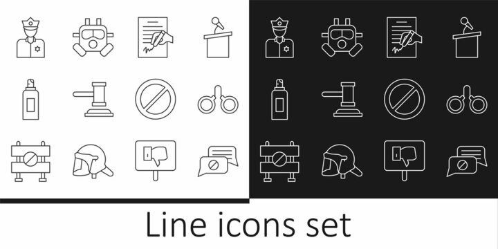 Set line Speech bubble chat, Handcuffs, Petition, Judge gavel, Paint spray can, Police officer, Ban and Gas mask icon. Vector