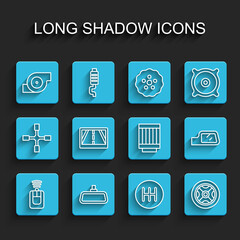 Set line Car key with remote, mirror, Automotive turbocharger, Gear shifter, wheel, Gps device map, and air filter icon. Vector