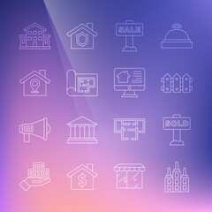 Set line Skyscraper, Hanging sign with text Sold, Garden fence wooden, Sale, House plan, Location house, and Online real estate icon. Vector