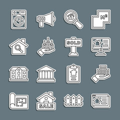 Set line Online real estate house, Skyscraper, Search, Washer and Hanging sign with text Sold icon. Vector