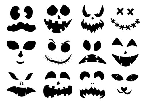 Set of Halloween carved faces silhouettes. Black elements for decorating pumpkins. template with eyes, mouths and noses for jack lantern. Vector illustration