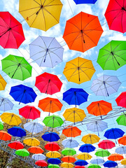Fototapeta na wymiar Autumn-themed umbrellas hang over the park alley