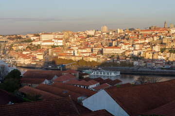 Panoramic view on old part of Porto city in Portugal on sunset
