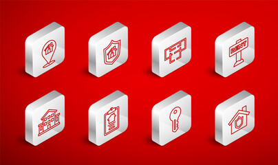Set line House with shield, plan, Hanging sign Rent, key, Location house, contract and icon. Vector