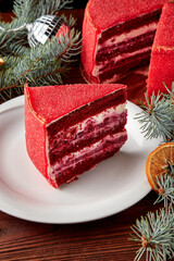Slice of Red velvet cake decorated for Christmas.