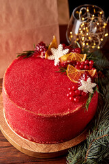 Red velvet cake decorated for Christmas.