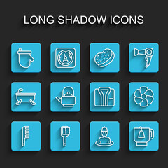 Set line Hairbrush, Sauna, mittens, Man in the sauna, Cup of tea with tea bag, Kettle handle, Flower and Bathrobe icon. Vector