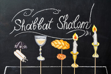 Shabbat Shalom - Jewish and Hebrew greetings. Candles painted on a chalkboard. May you dwell in completeness on this seventh day. - obrazy, fototapety, plakaty