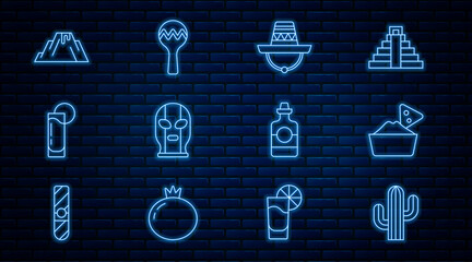 Set line Cactus, Nachos in bowl, Mexican sombrero, wrestler, Tequila glass with lemon, Volcano eruption lava, bottle and Maracas icon. Vector
